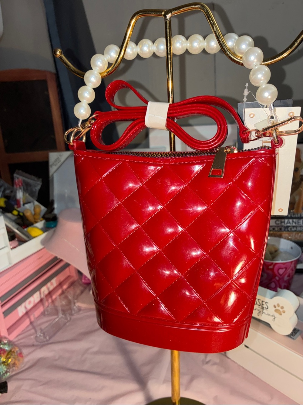 Quilted Patent Mini Bucket Bag with Pearl Handle - Red - Picture 2 of 6